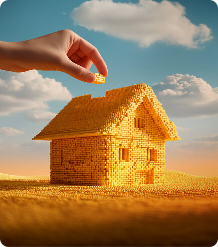 Mão colocando tijolinho no telhado de uma casa feita de pecinhas douradas sob céu azul.